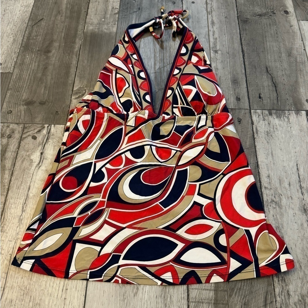 Michael Kors Geometric Tank Tankini Swim Bikini Tank Top Red White Blue Gold